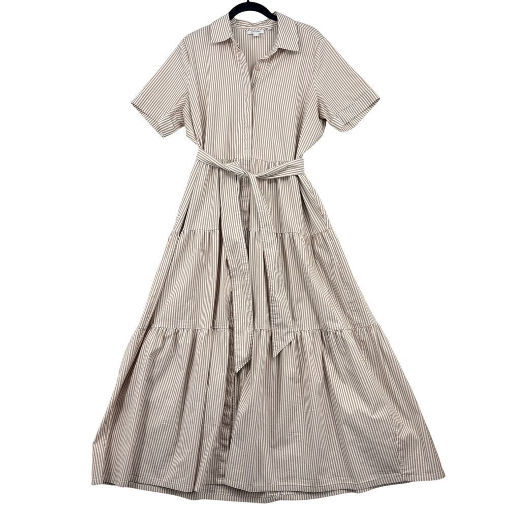 Chico's Tiered Maxi Dress Dress Size 12 Tan White Stripe Cotton Blend Belted - Picture 1 of 12